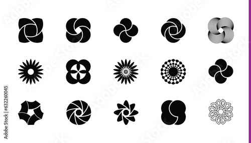 flower daisy icon logo shapes brutalist geometric trendy abstract minimalist figures: stars circles movement swoosh. Modern abstract graphic design vector elements