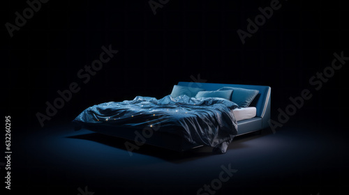 big blue bed isolated in light on black background