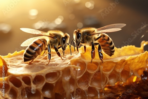 Two Bees Enjoying a Honeycomb in Golden Light AI Generated © AlexandraRooss
