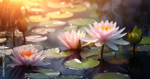 Water Lilies Growing in Small Pond with Sunlight AI Generated