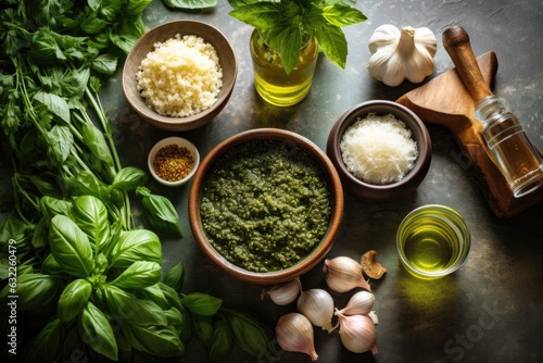 pesto ingredients flat lay on kitchen counter