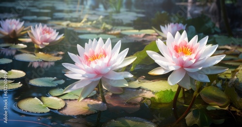 Luminous Water Lilies on a Pond in a Water Garden AI Generated