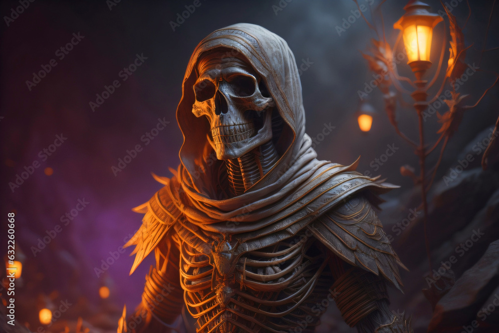 Living warrior skeleton on a purple background illuminated with a brown cloak