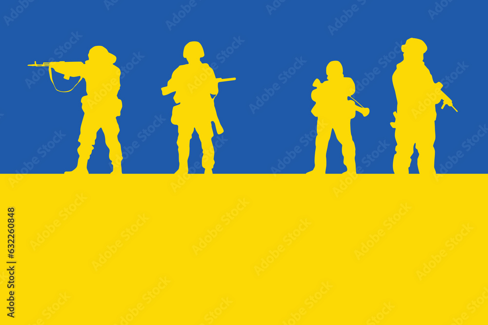 Obraz premium Image of the Ukrainian flag - Blue and yellow. Together with the silhouettes of the Ukrainian military. Day of the Ukrainian flag. Ukrainian Military Man Silhouette Vector Illustration