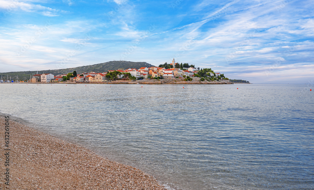 View of Primosten, Croatia. Dalmatian coast. Summer view of Primosten town.