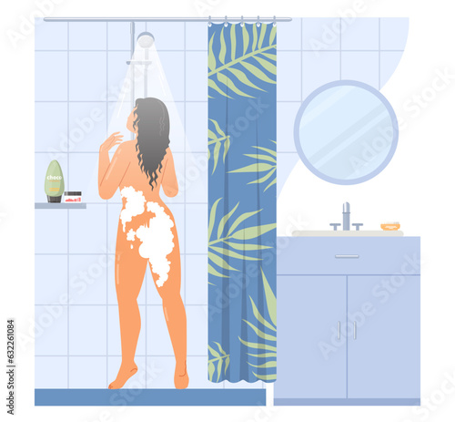 Pretty young woman taking shower at home vector illustration