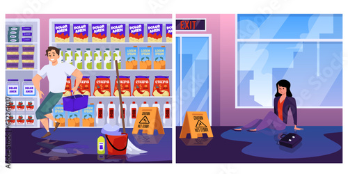 People falling and slipping on wet floor in supermarket and office, flat vector illustration. photo