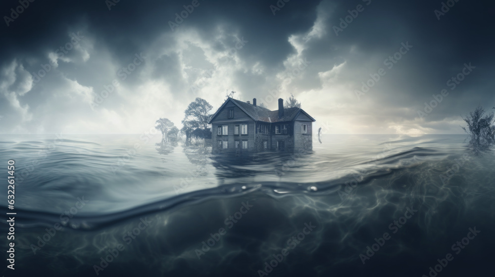 a big flood with a house in the middle and a cloudy sky