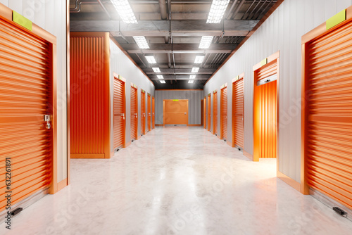 Warehouses. Building storage companies. Industrial warehouse interior. Orange gate to enter units. Industrial building with storage rooms. Interior of personal storage warehouse. 3d image