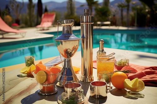 vintage cocktail shaker and ingredients on poolside table photo