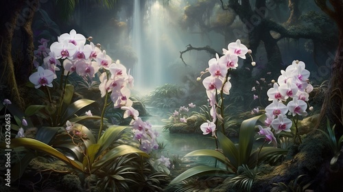  a painting of a forest with white orchids and a waterfall. generative ai