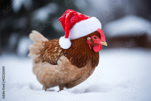 a chicken wearing a christmas hat in winter