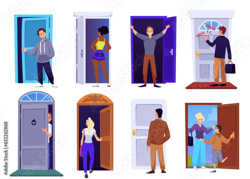 Set of people with opened and closed doors flat style, vector illustration