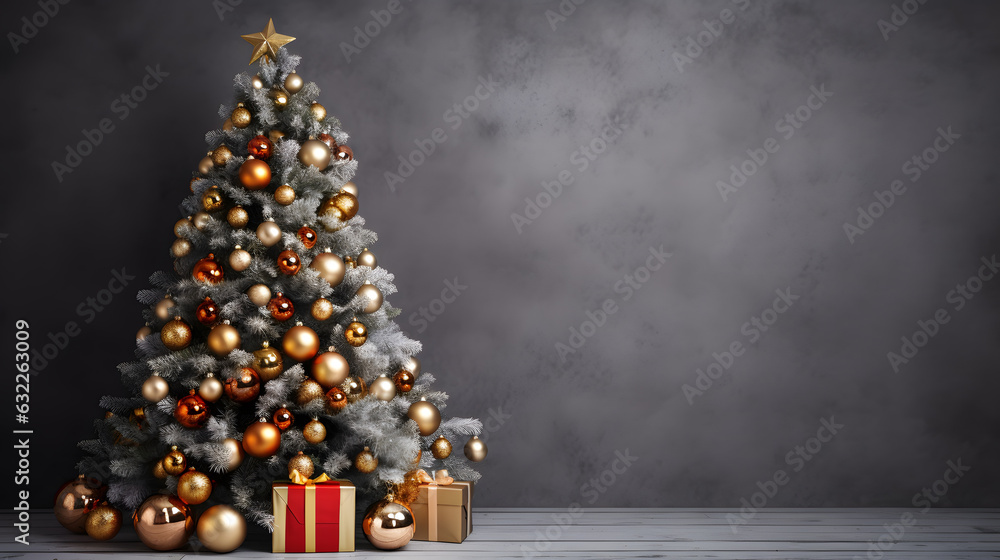 Decorated christmas tree with gift box, front view with copy space gray background Decorated christmas tree with gift box, front view with copy space gray background