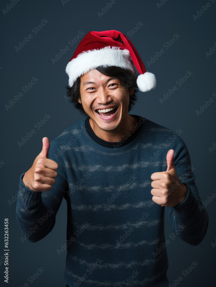 Smiling asian man wearing santa hat and pointing thumbs up, isolated on dark background Smiling asian man wearing santa hat and pointing thumbs up, isolated on dark background