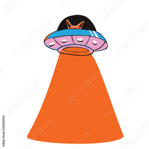 Cartoon cat fly on UFO flying saucer spaceship. T-shirt apparel print design. vector illustration.