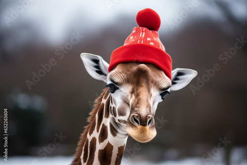 a giraffe wearing a christmas hat in winter © imur