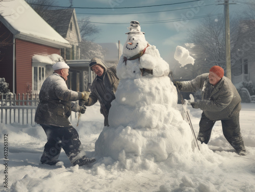 group of Old people in warm clothes, scarves and hats making snowman together in winter