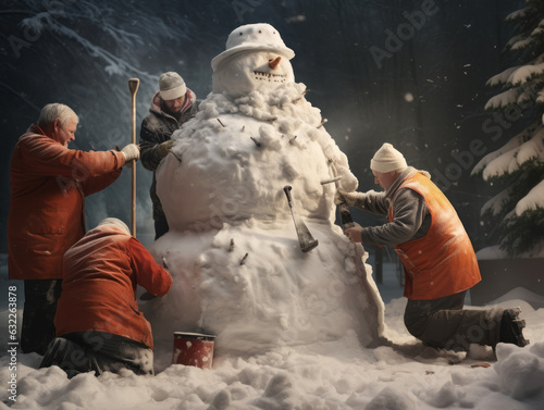 group of Old people in warm clothes, scarves and hats making snowman together in winter