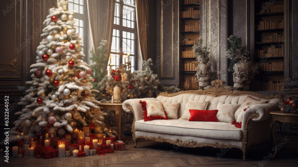 Interior Christmas decoration in living room with Xmas tree ornaments, gift boxes, sofa and blanket