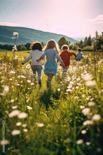 A group of small children running across a flowery meadow in summer 