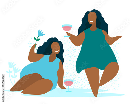 Two chubby afro woman drinking wine. Plus size women different bodies poses. Curvy pretty women resting. Sketch vector illustration