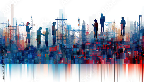 Digital illustration depicting workers as pixelated figures  symbolizing the impact of the digital age