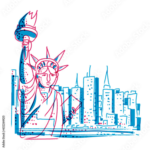 Photography Statue of Liberty with New York City Skyline Retro Risograph Style
