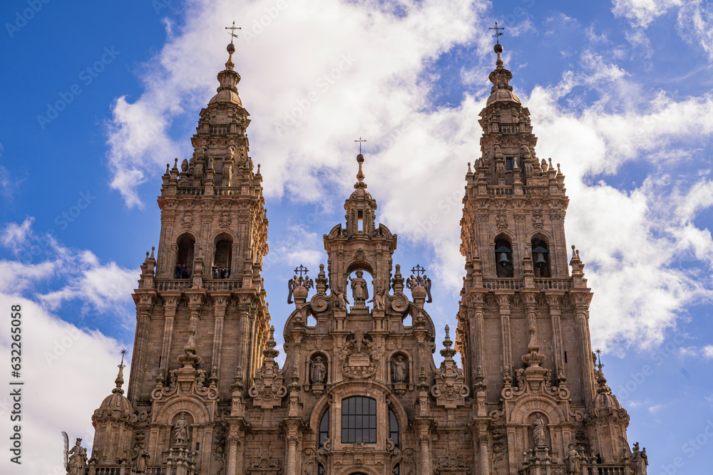 View of the bell towers of the main façade of the Cathedral of Santiago de Compostela. Photograph made in Galicia, Spain.