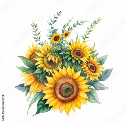 Sunflower floral bouquet Watercolor illustration. AI Generative