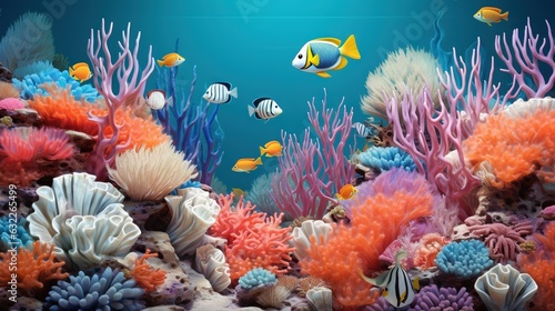  an underwater scene with corals and fish in the water. generative ai