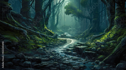 Mystical Forest Scene with a Hidden Danger: A Digital Painting of a Peaceful and Serene Landscape with a Threat Lurking in the Shadows AI Generative © Graphics.Parasite