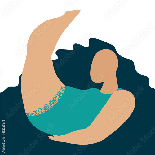 Curvy woman. Plus size model in swimming suit. Workout. Doing gymnastic. Beautiful plump girl. Body positive. Chubby female body hand drawn vector illustration