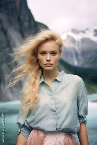 A beautiful portrait of a woman with long blonde hair standing amidst nature in the swiss alps, her clothing blending into the autumn landscape and the flowing river, unforgettable fashion moment