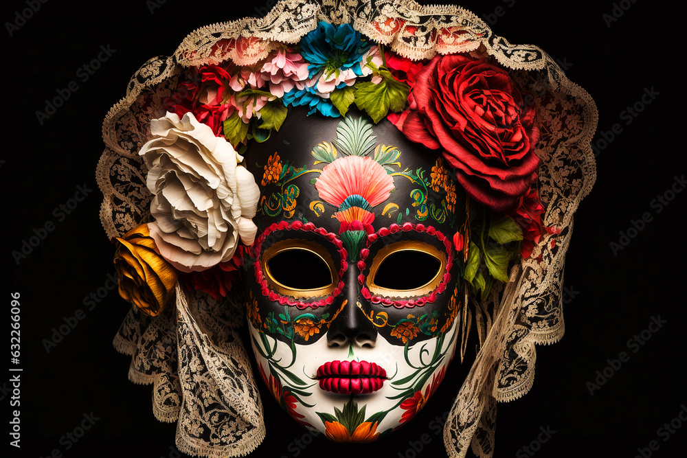 Day of the Dead (Dia de los Muertes) holiday... Festive mask isolated on black.  Generative AI	