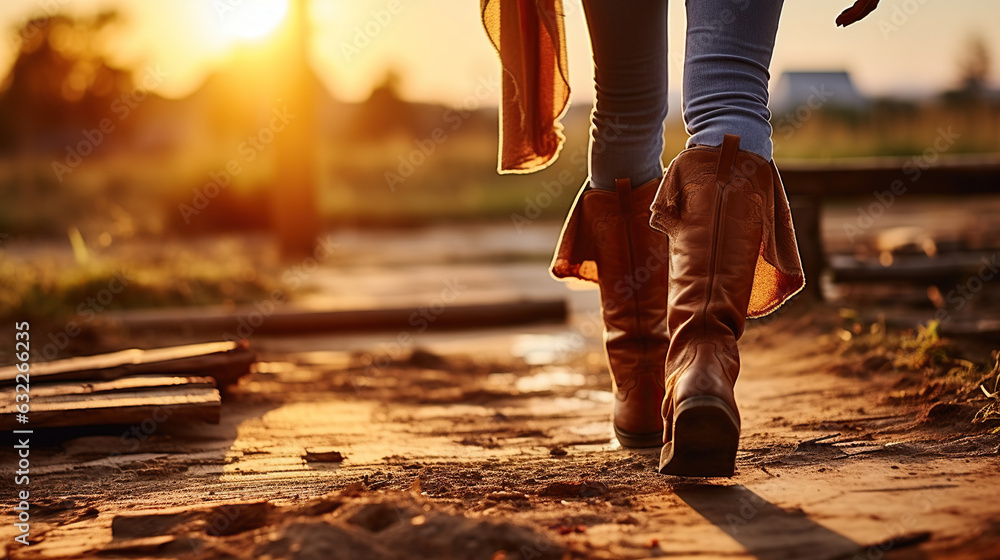 The girl stands on the ranch in cowboy boots and catches the rays of the setting sun. View from below - obrazy, fototapety, plakaty 