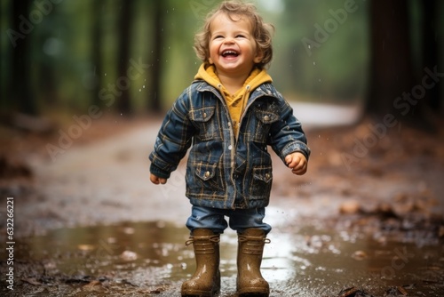 Adorable Little Boy Enjoying the Rain in a Raincoat AI Generated