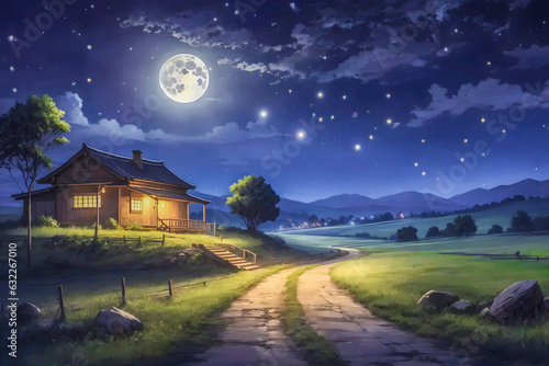 beautiful night landscape of a coutryside, full moon, shinig stars, cinematic, anime, firefly, lamps, road,