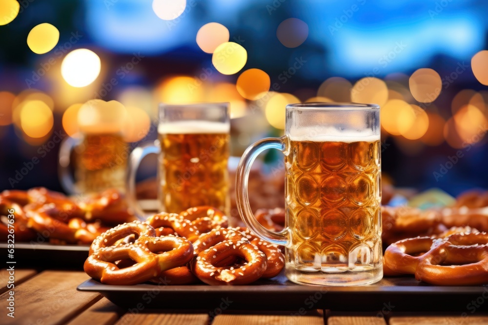 Close-up of a Table at Oktoberfest Filled with Food and Drinks AI Generated