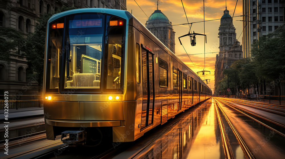Tram's Journey through the City in the Sunset Glow. Generative AI