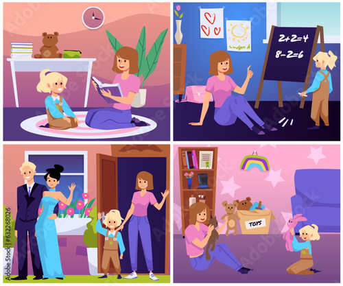 Nanny or babysitter service scenes set, young woman taking care of child - flat vector illustration.