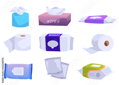 Various wet and dry wipes, toiletries set - flat vector illustration isolated on white background.