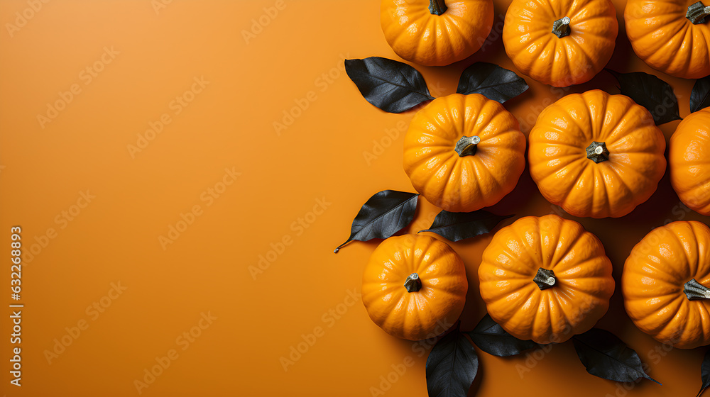 Top view of a halloween background. Pumpkins on an orange background. Copy space Top view of a halloween background. Pumpkins on an orange background. Copy space