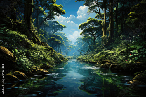 Clear river in a green dense forest