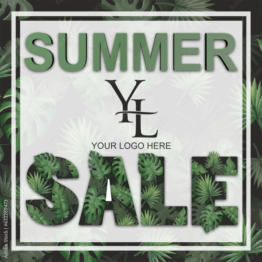 Summer Sale vector tropical typography sale design with green jungle palm tropical leaves your logo - obrazy, fototapety, plakaty 