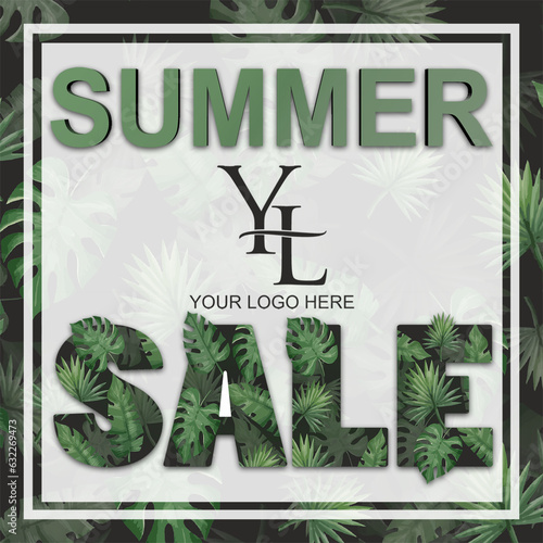 Summer Sale vector tropical typography sale design with green jungle palm tropical leaves your logo