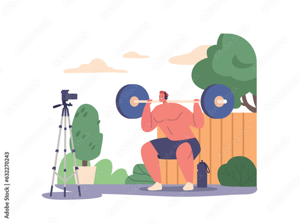 Fototapeta premium Dynamic Vlogger Male Character Shares Invigorating Power Exercise Routines And Motivates Viewers Vector Illustration