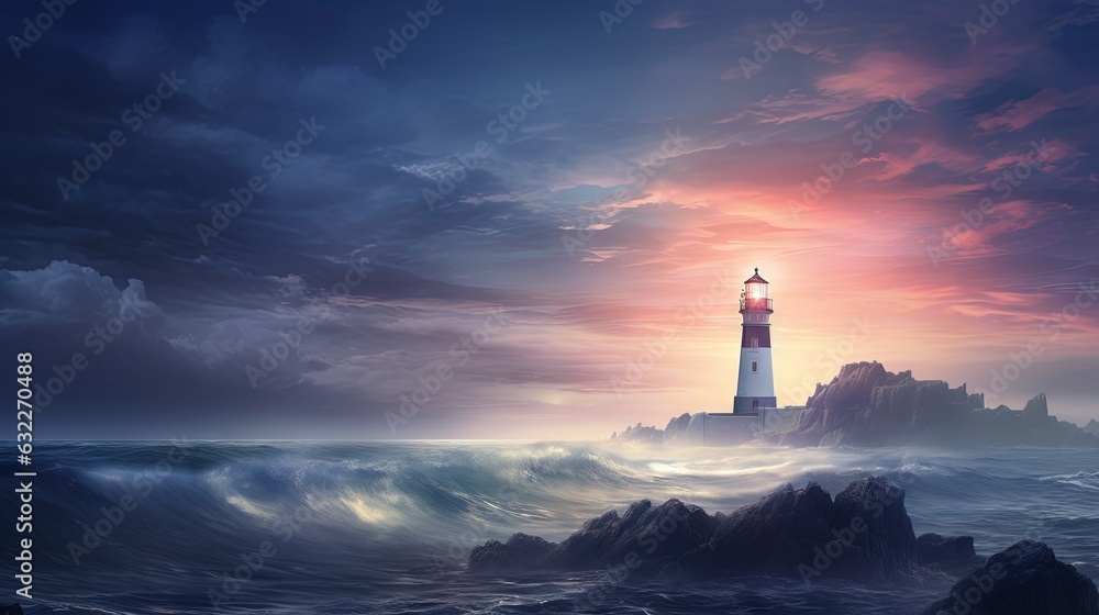  a lighthouse in the middle of a body of water at sunset.  generative ai