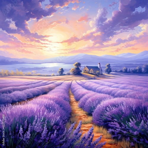  a painting of a lavender field with a house in the distance. generative ai