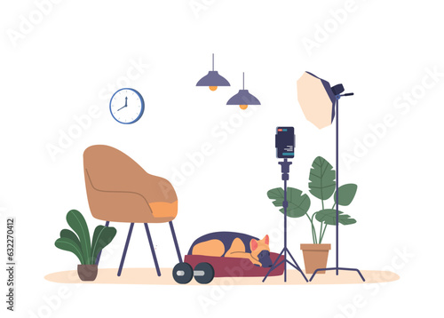 Camera-equipped Blogging Room With Armchair, Dumbbells, Lighting, Dog, And Adjustable Tripod with Smartphone